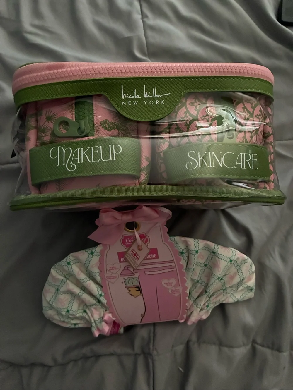 Nicole Miller Pink and Green Clear Makeup & Skincare Cosmetic Bag Set